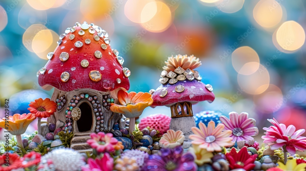 Poster   A tight shot of a mushroom house, flowers in foreground, backdrop of glowing lights