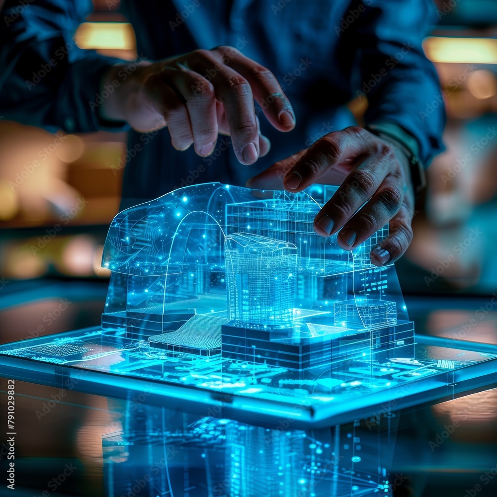Poster A man is touching a 3D model of a building on a computer screen. Concept of wonder and fascination as the viewer imagines the possibilities of what the building could be. The blue color of the screen