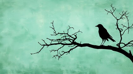 Obraz premium A bird silhouette on a tree branch against a green backdrop, outlined in black