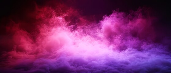   In the midst of a black backdrop, abundant pink and purple smoke swirls, illuminated by a red and purple light at its core - obrazy, fototapety, plakaty