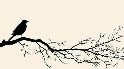   A bird silhouette on a tree branch against a light, cloudless sky - obrazy, fototapety, plakaty