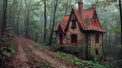   A house in the forest with a dirt path leading up to it Repealed redundant direction - obrazy, fototapety, plakaty
