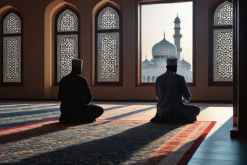Minimalist Islamic backdrop with silhouette Muslims praying in the mosque near the window. - 791029897
