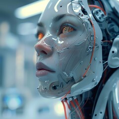 Fototapeta premium A woman with a robotic face is staring at the camera. The woman's eyes are glowing, giving the impression of a futuristic, almost alien-like appearance