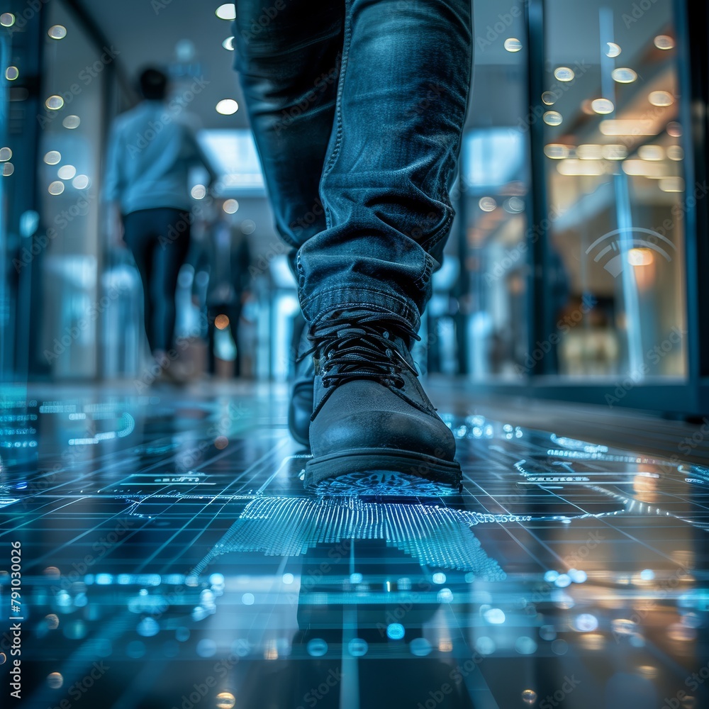 Poster a person is walking on a blue floor with a digital image of a globe in the background. the image has