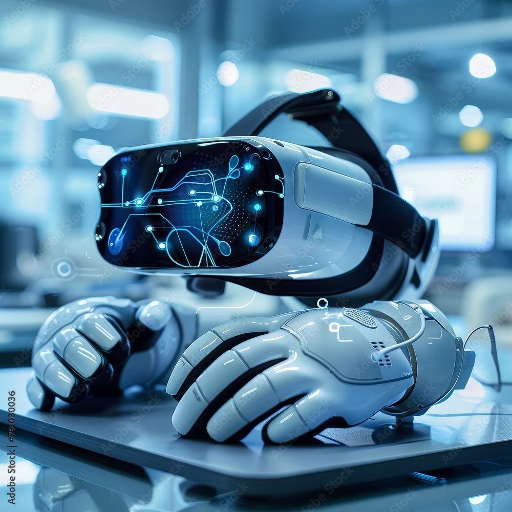Poster A robot with a pair of white gloves is sitting on a table. The robot is wearing a pair of white gloves and has a blue and white design on its face