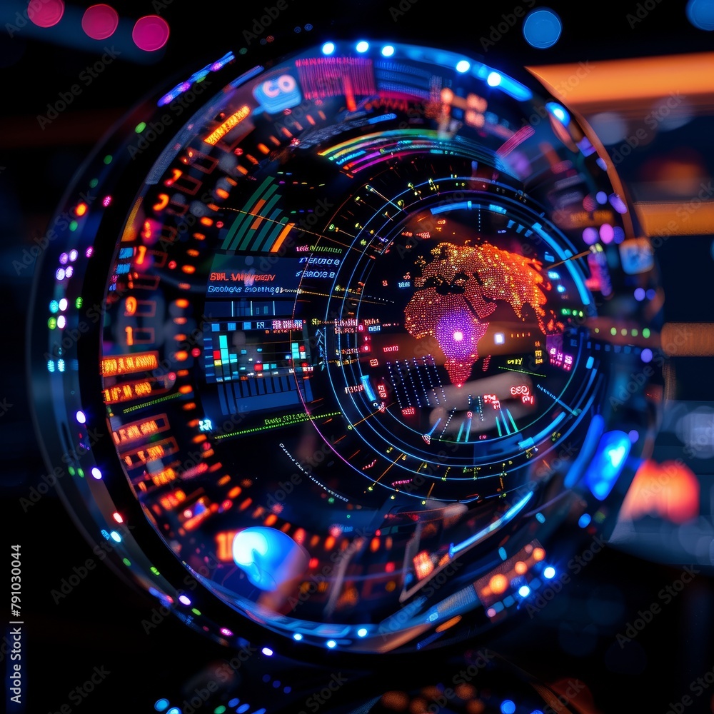 Poster a colorful sphere with a globe on it. the sphere is surrounded by a glowing, colorful background