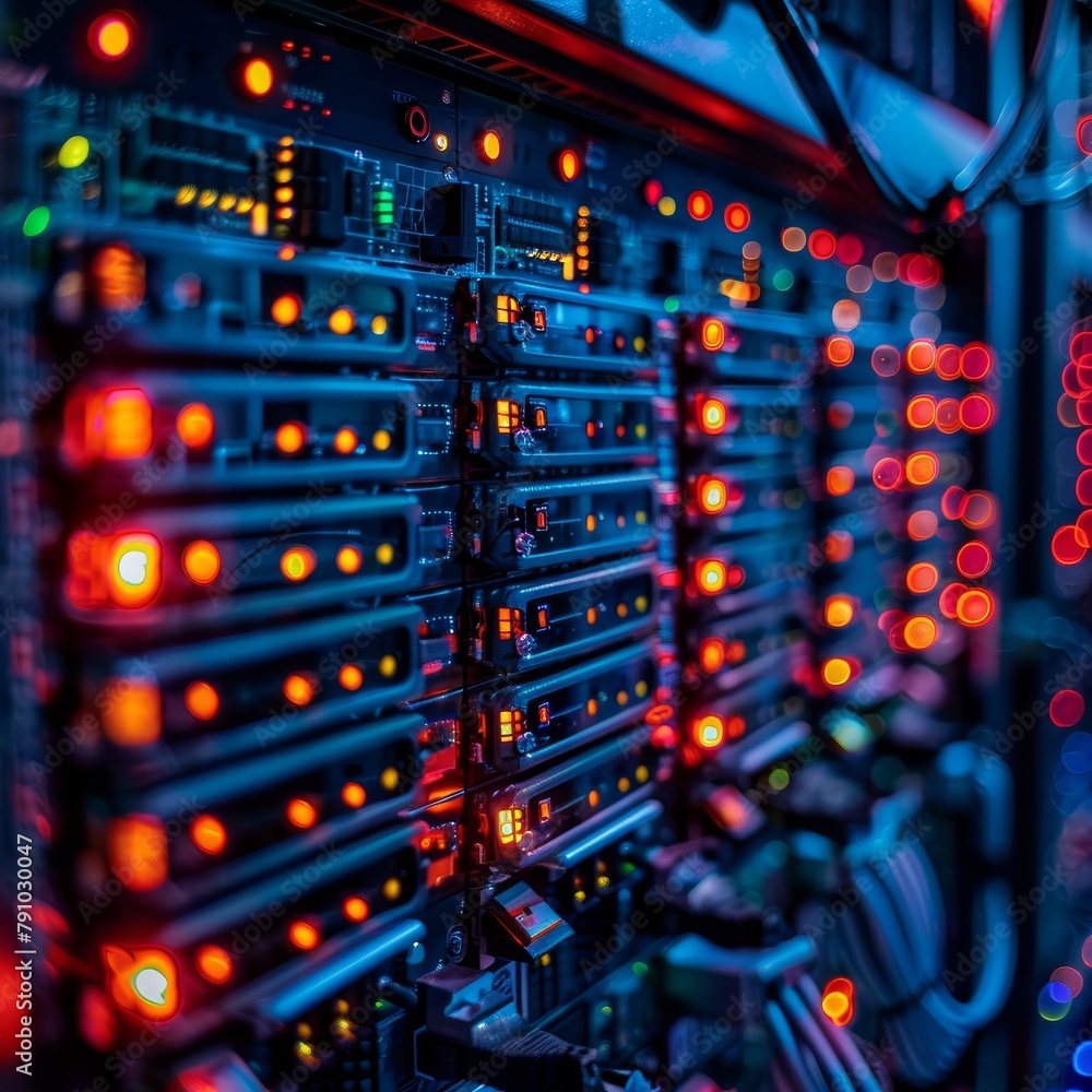 Poster A computer server room with many servers and cables. The servers are lit up with bright lights, giving the room a busy and active atmosphere. The room is likely used for data processing and storage
