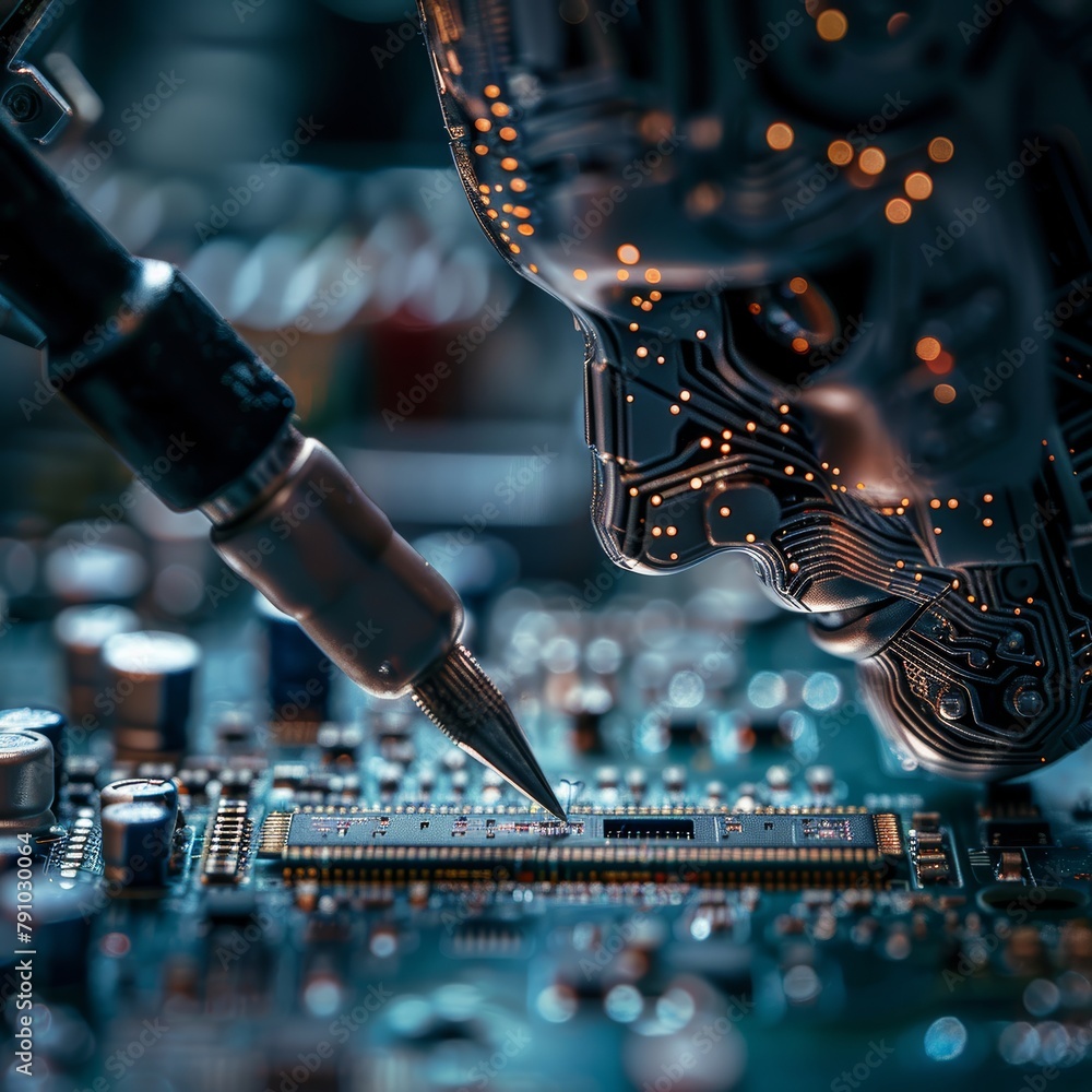 Poster A robot is being built with a soldering iron. The robot is made of electronic components and has a human-like face. Concept of technology and innovation, as well as the idea of creating something new