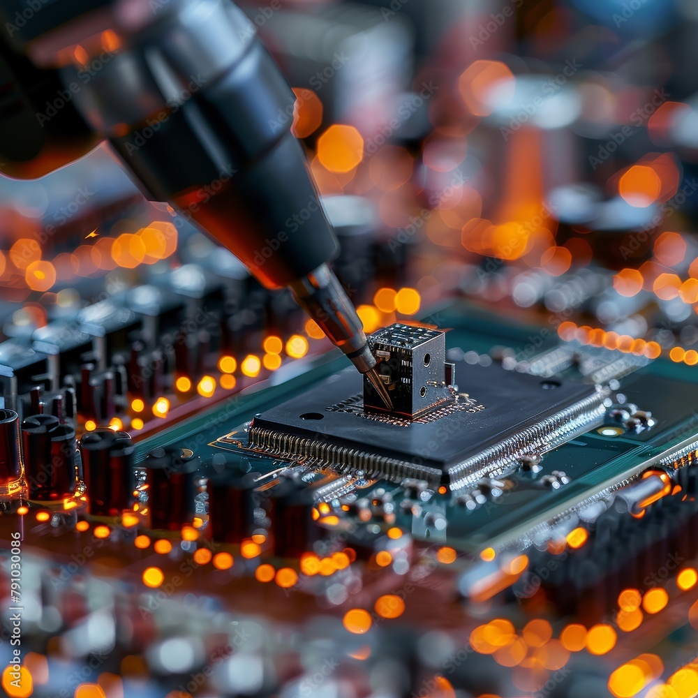 Poster A close up of a computer chip being soldered. Concept of precision and technical expertise, as the soldering iron is carefully used to connect the chip to the circuit board