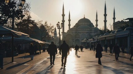 people walking to mosque - obrazy, fototapety, plakaty