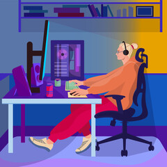 Side view a young gamer sit in front of a screen and playing. Wearing headphone. Mouse and keyboard. Vector flat illustration.