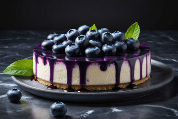 Delicious blueberry cheesecake with blueberry on a dark marble background.