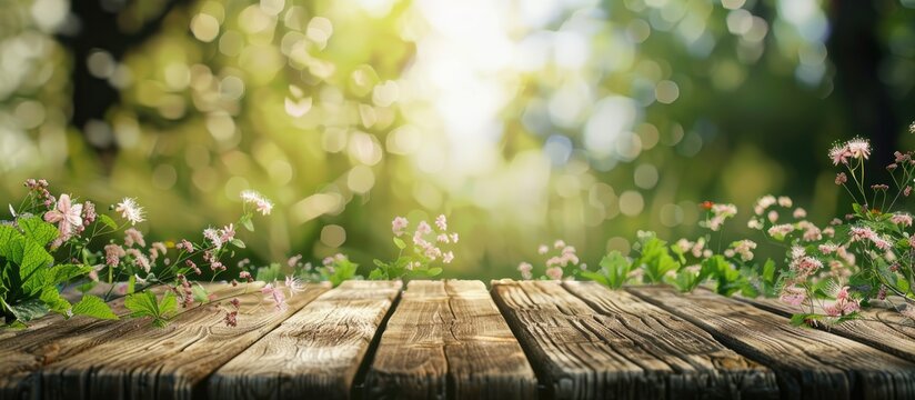 Wooden planks on a backdrop of spring foliage