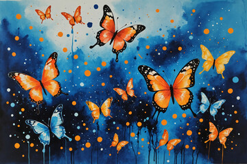 Monarchs in Motion: Butterflies Against an Abstract Splash of Colors.