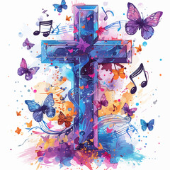 Colorful Christian cross with music notes vector illustration design isolated on white background