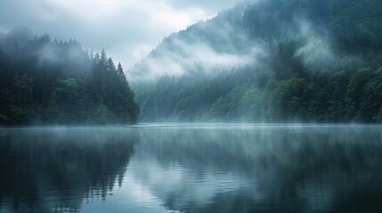 A boat floating in a misty lake surrounded by a foggy forest - obrazy, fototapety, plakaty