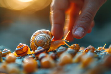 A hand grabbing a yellow snail from a pile on the table - obrazy, fototapety, plakaty