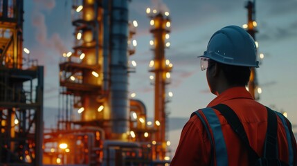 Obraz premium Engineer Observing Industrial Oil Refinery Plant at Dusk with Illuminated Towers and Evening Sky in Background