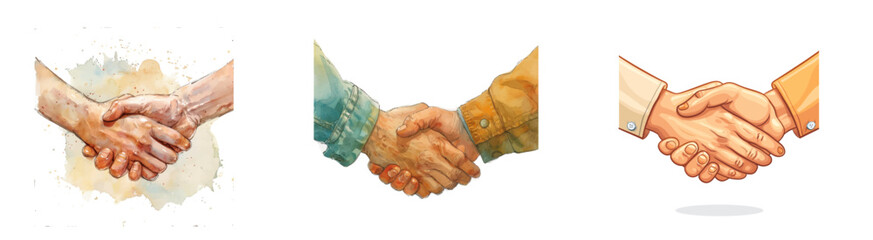 Shaking hands business vector illustration with abstract rays, symbol of success deal, happy partnership, greeting shake, casual handshaking agreement flat