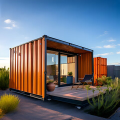 modern shipping container house feature compressed into a tiny home concept bathed in the glow