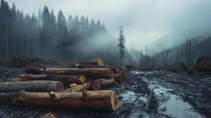 deforested landscape with cut trees and pile wood in the middle, foggy weather, muddy ground, dead forest, overcast sky, deforestation wood cutting concept, environmental issue,  world environment day - Powered by Adobe