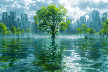Solitary tree amidst flooded cityscape