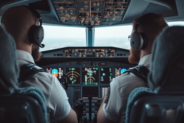 Two pilots flying cockpit aircraft controls travel airlines plane airplane transportation flight crew professionals navigating jet adults experienced officer commercial transport tourism aviation