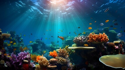 Tropical coral reef and fish. Underwater panorama.