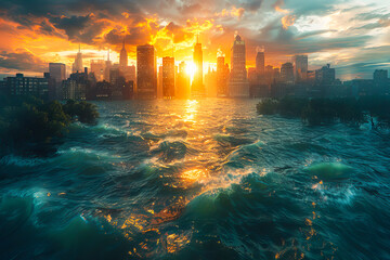 Obraz premium Sun setting on flooded cityscape: climate change concept