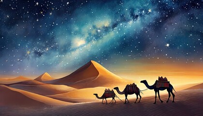 Starry desert night with caravan of camels