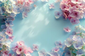 Flower frame of Ocean blue and pink hydrangeas on a tranquil aqua background, Soft Spring...