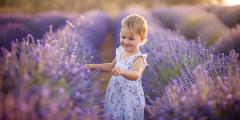 Delighted little girl standing in a field of blooming lavender during summer