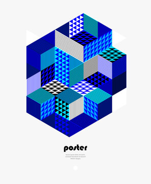 Abstract vector wallpaper with 3D isometric cubes blocks, geometric construction with blocks shapes and forms, op art low poly theme.