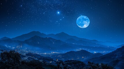  mountains shrouded in darkness, moon glowing above, stars twinkling in night sky
