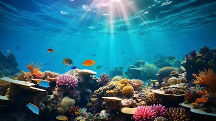 Coral reef and fish in the Red Sea. Seascape.