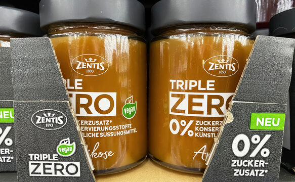 Viersen, Germany - May 9. 2024: Closeup of Zentis Triple Zero sugar free jam jars in store shelf