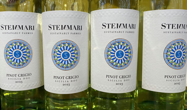 Viersen, Germany - May 9. 2024: Closeup of Stemmari sicilian Pinot Grigio white wine bottles