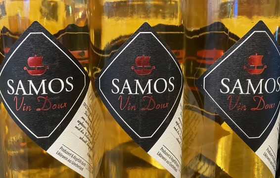 Viersen, Germany - May 9. 2024: Closeup of greek white muscat wine bottles Cavino Samos Vin Doux