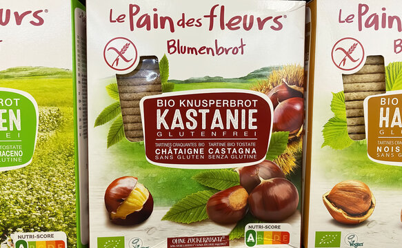 Viersen, Germany - May 9. 2024: Closeup of packs french Le Pain des Fleurs yeast-free vegan chestnut flower bread in german store shelf