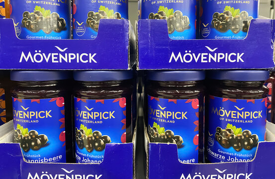 Viersen, Germany - May 9. 2024: Closeup of jars Mövenpick jam in german store shelf
