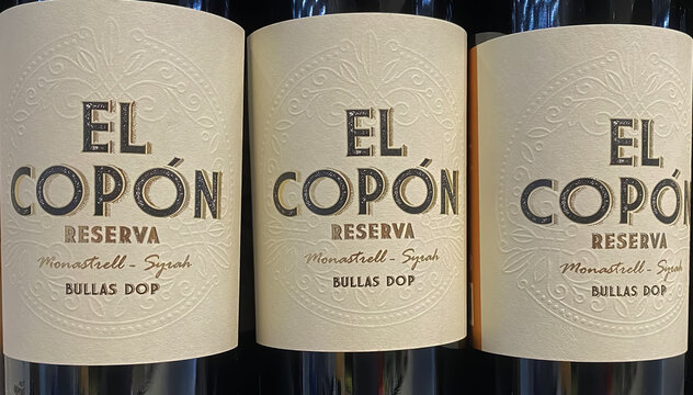 Viersen, Germany - May 9. 2024: Closeup of bottles spanish El Copon Monastrell Syrah reserva red wine bottles Bullas DOP