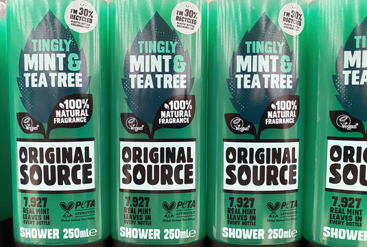 Viersen, Germany - May 9. 2024: Closeup of bottles Original Source Mint and Tea Tree natural plant extracts shower gel