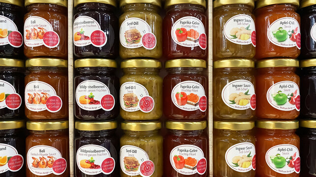 Viersen, Germany - May 9. 2024: Closeup of many jars Wolfram Berge delicatessen sauces and jam in german store