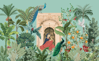 Traditional Mughal Queen sitting in garden Dom. Indian Mughal art wallpaper illustrations. Indian Rajasthani Art Traditional Wall Mural for Living Room, Canvas, Painting Art.