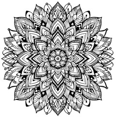 Mandala als Ausmalbild Vorlage Muster Icon oder Hintergrund für Erwachsene und Kinder aus Blättern und Blüten in schwarz weiß, rundes Objekt zum ausmalen zeichnen zum Stressabbau Konzentrationsübung