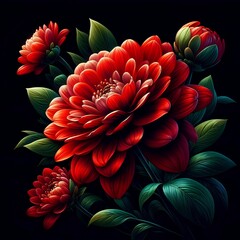 A close up of a painting of flowers on a black background, celestial red flowers vibe