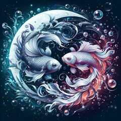 Two fish in a circle with bubbles and bubbles on the background