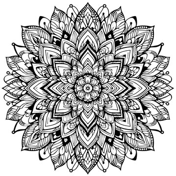 Mandala als Ausmalbild Vorlage Muster Icon oder Hintergrund f&uuml;r Erwachsene und Kinder aus Bl&auml;ttern und Bl&uuml;ten in schwarz wei&szlig;, rundes Objekt zum ausmalen zeichnen zum Stressabbau Konzentrations&uuml;bung