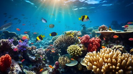 Coral reef and tropical fish. Underwater panoramic view.